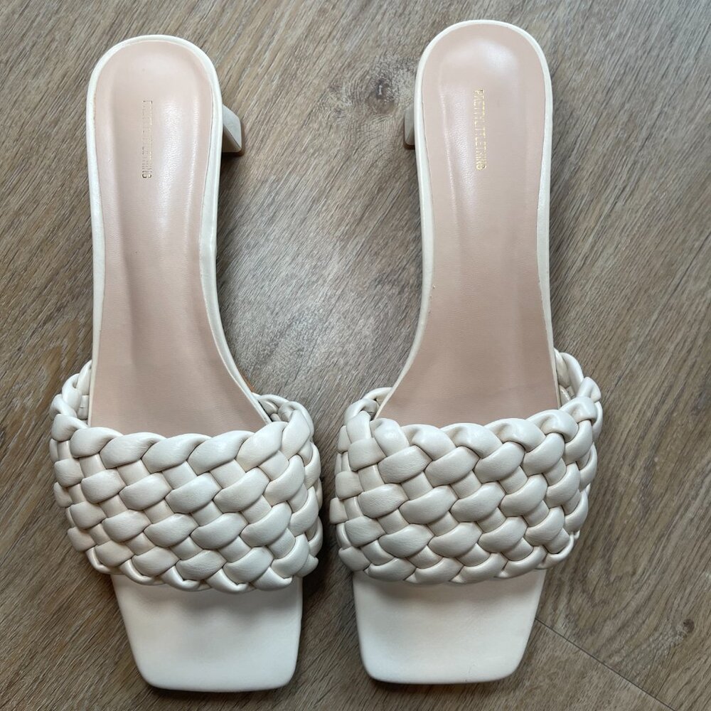 Cream Plaited Strap Low Block Flare Heel Mules